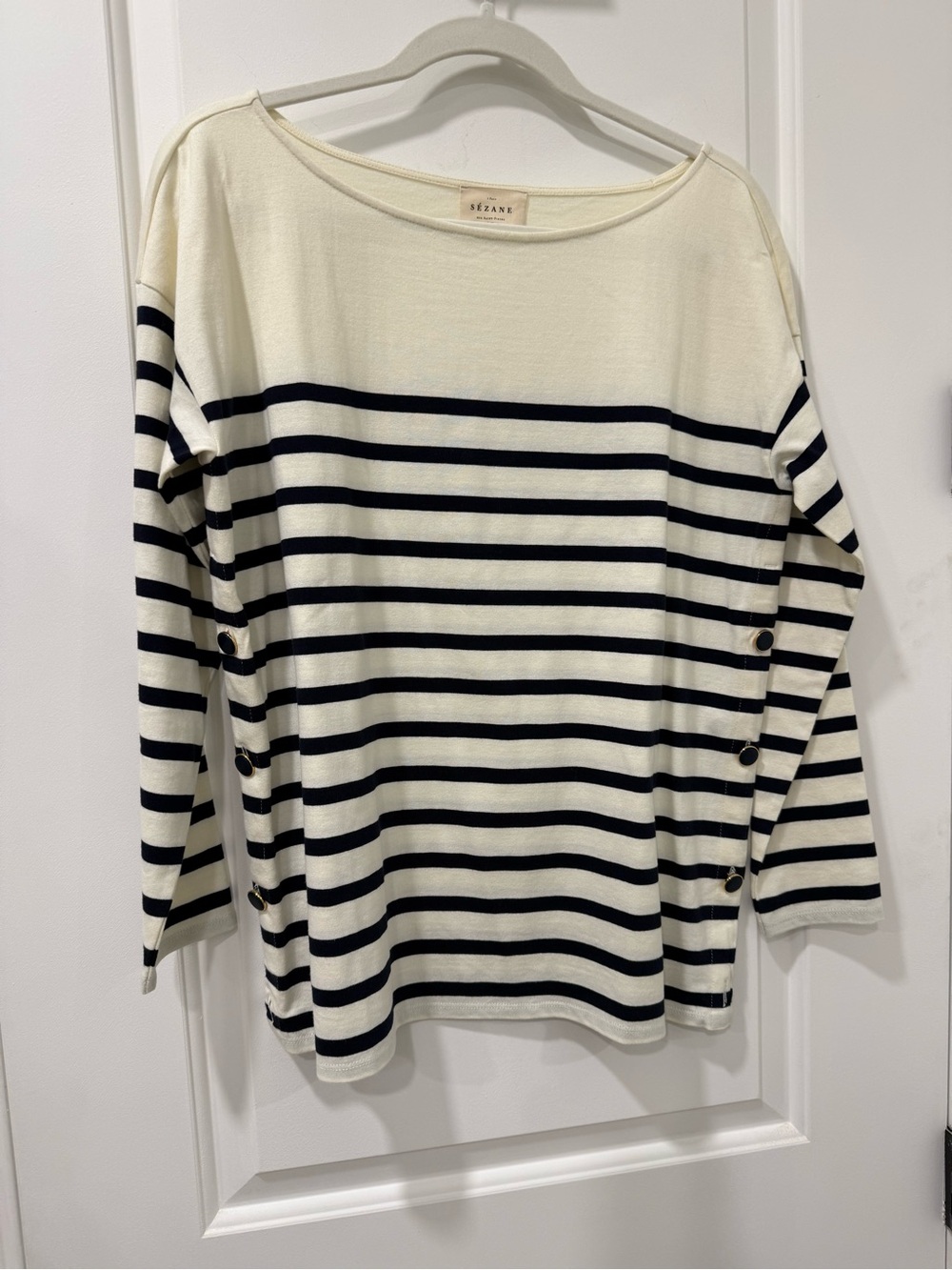 Sezane Cream & Navy Breton Stripe Top with Side Buttons